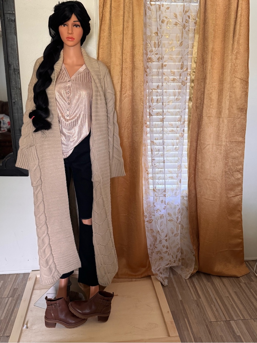 Open-Front Long Cable Knit Cardigan Sweater - Cream